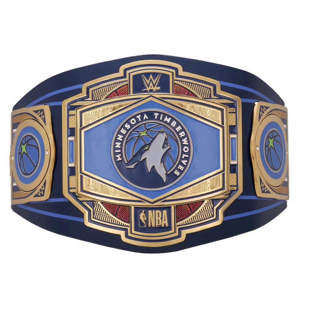 Minnesota Timberwolves WWE NBA championship belt featuring a navy blue strap with gold-plated borders and blue, white, and red details on the central plaque.