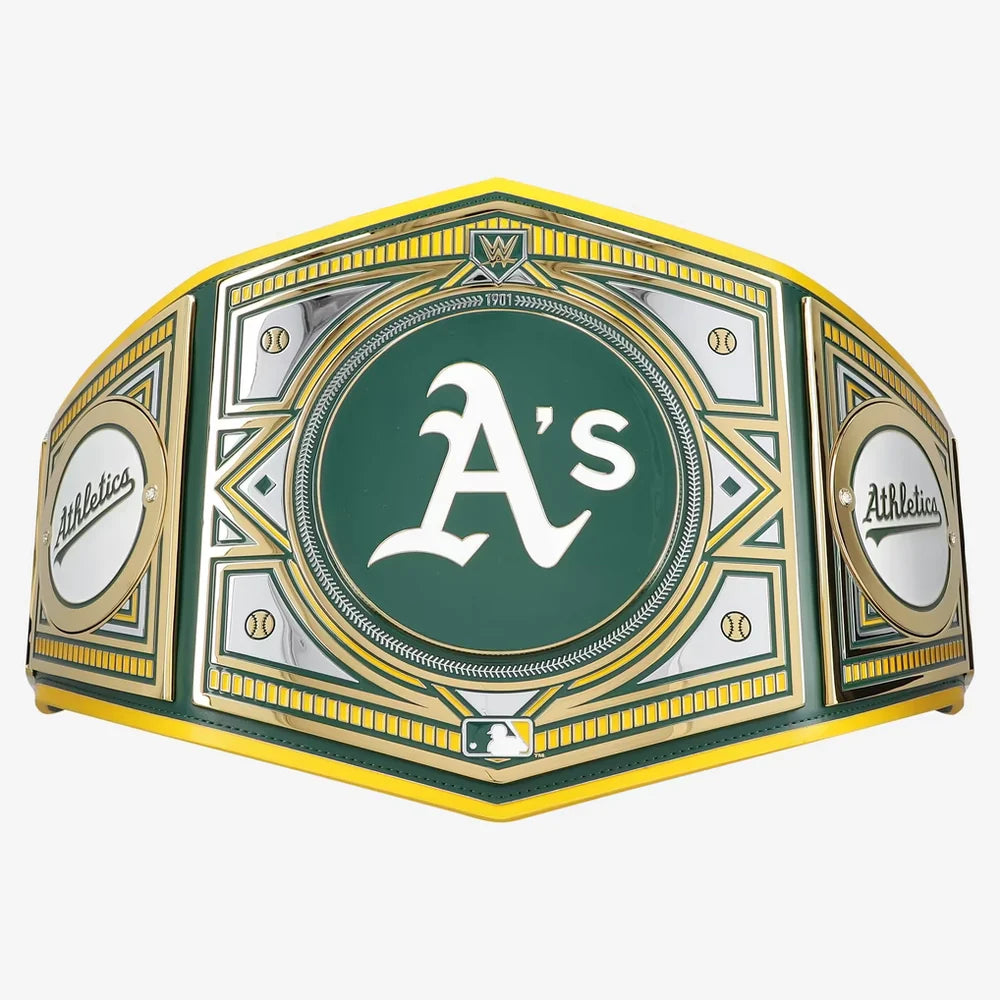 An Oakland Athletics baseball championship belt with a green, gold, and silver design, featuring the team's 'A's' logo in the center.