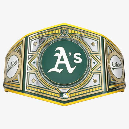 An Oakland Athletics baseball championship belt with a green, gold, and silver design, featuring the team's 'A's' logo in the center.