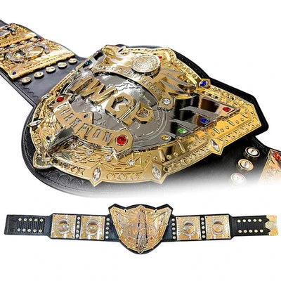 Wrestling championship belt with gold and black design on a white background