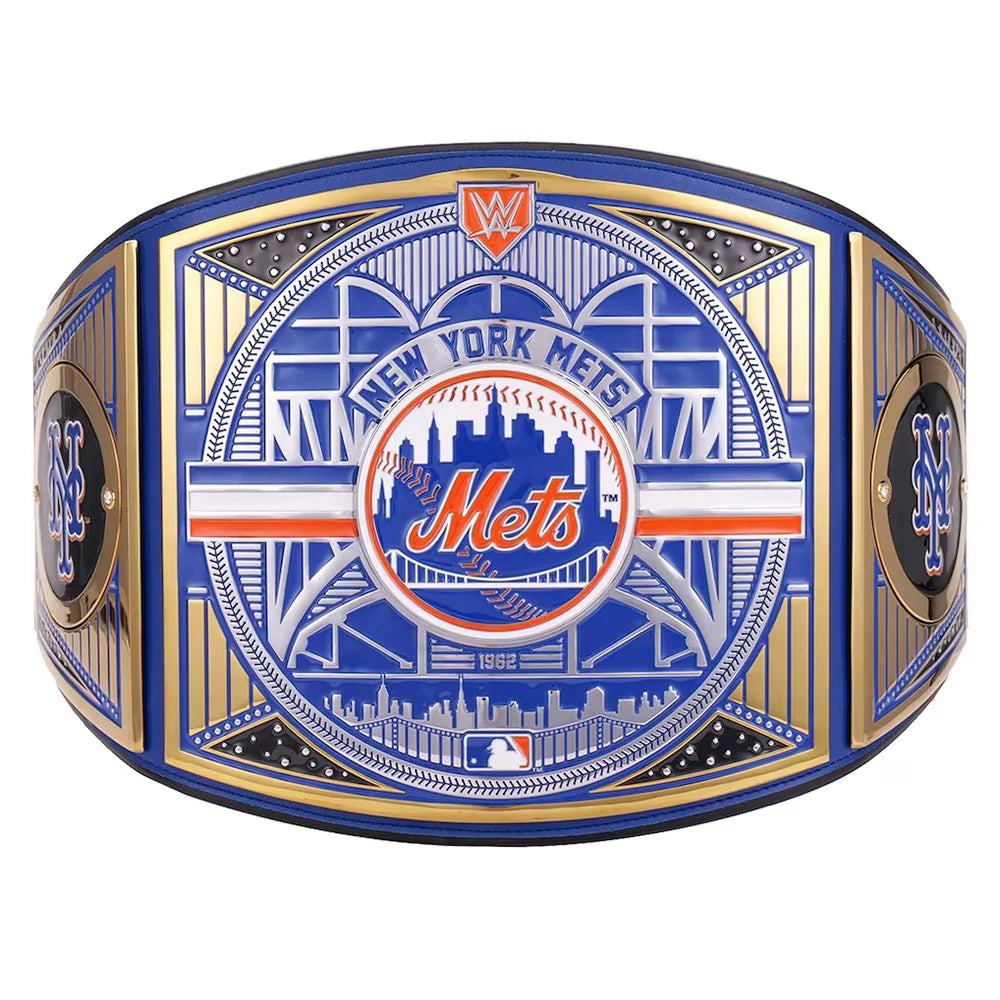 New York Mets championship belt featuring blue, gold, and white enamel detailing with the team logo and city skyline.