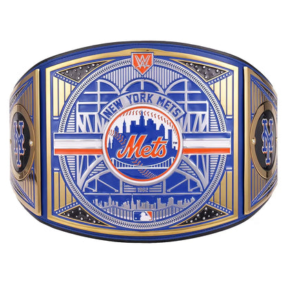 New York Mets championship belt featuring blue, gold, and white enamel detailing with the team logo and city skyline.