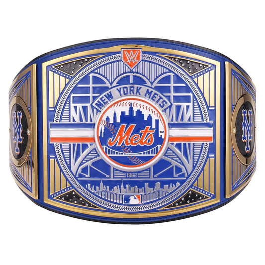 New York Mets championship belt featuring blue, gold, and white enamel detailing with the team logo and city skyline.