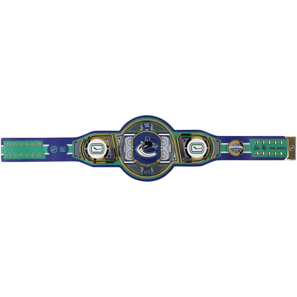 A Vancouver Canucks hockey championship belt featuring a blue and gold design with the team's logo in the center, displayed on a clean white background.