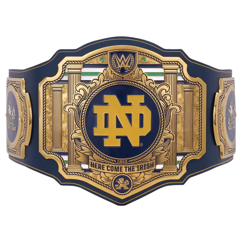 A WWE Raw Irish Championship belt featuring a navy blue and gold design with the Notre Dame 'ND' logo in the center, flanked by decorative gold panels and side plates on a white background.