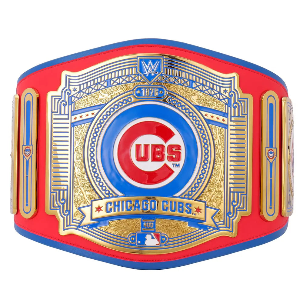 Wrestling championship belt with Chicago Cubs logo on a white background