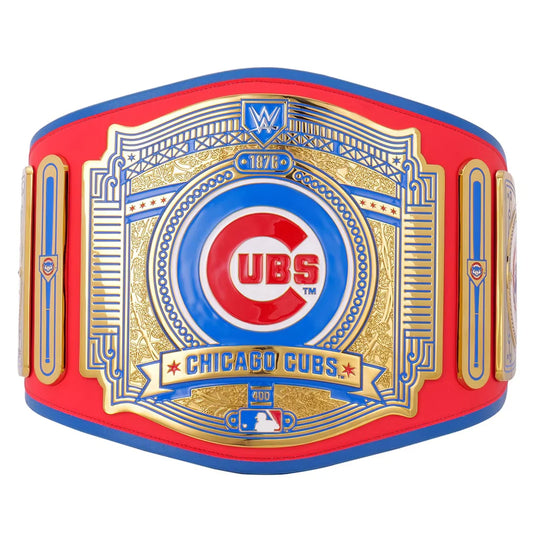 Wrestling championship belt with Chicago Cubs logo on a white background