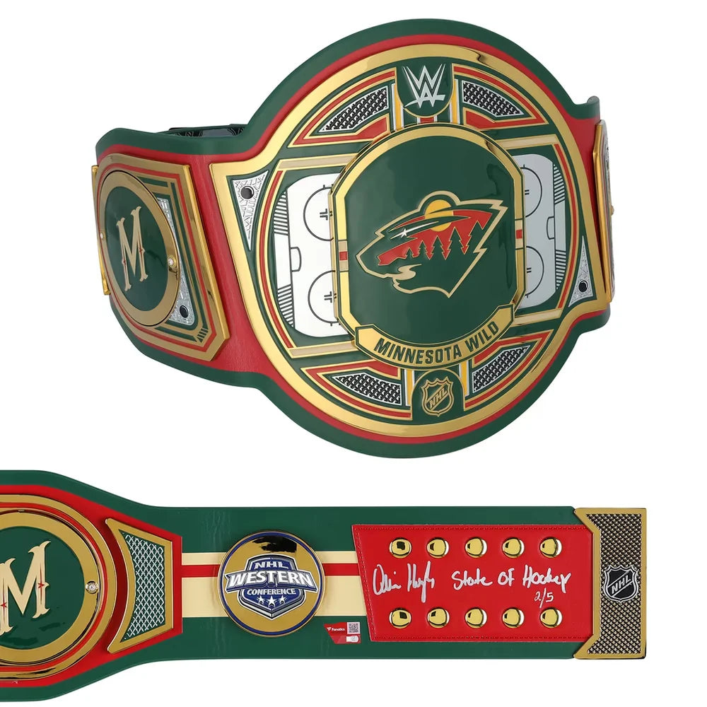 Quinn Hughes Minnesota Wild Autographed WWE Legacy Title Belt with State of Hockey Inscription