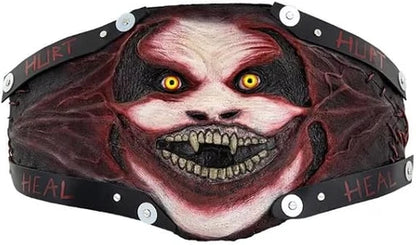 Belt with a menacing face design and the words 'Hurt' and 'Heal' on a white background