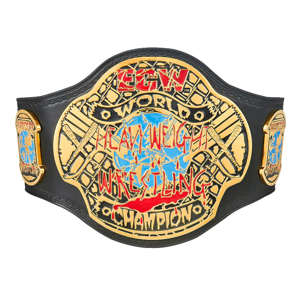 Wrestling championship belt with 'ECW' and 'World Heavyweight Wrestling Champion' text on a white background