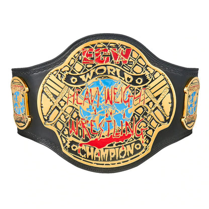 Wrestling championship belt with 'ECW' and 'World Heavyweight Wrestling Champion' text on a white background