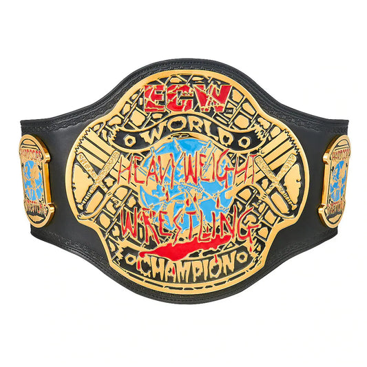 Wrestling championship belt with 'ECW' and 'World Heavyweight Wrestling Champion' text on a white background