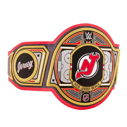 Wrestling championship belt with New Jersey Devils logo on a white background