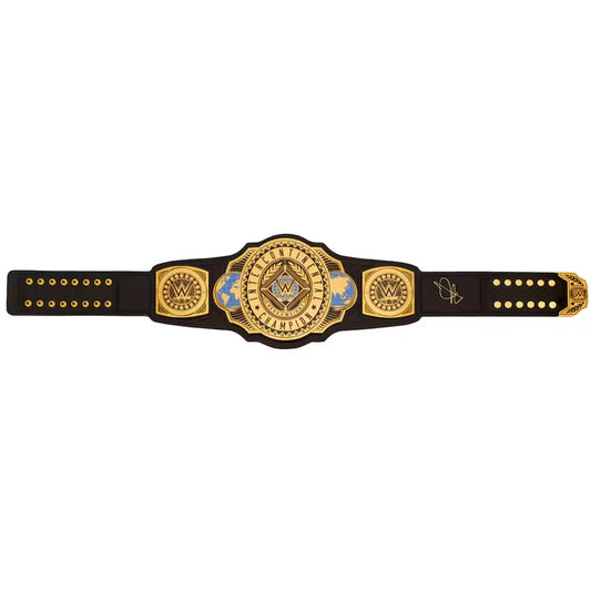 A black and gold championship-style belt with ornate central plaque, decorative side plates, and a black strap with gold studs, shown on a plain white background.