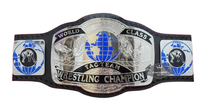 A wrestling championship belt featuring a large central silver plate with blue and black details, flanked by two side plates, on a plain white background.