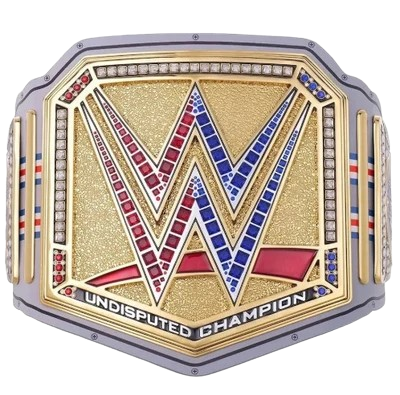 WWE Undisputed Champion belt featuring a large gold-toned central plate with a red and blue WWE logo, bordered by silver-toned metal and small clear stones.