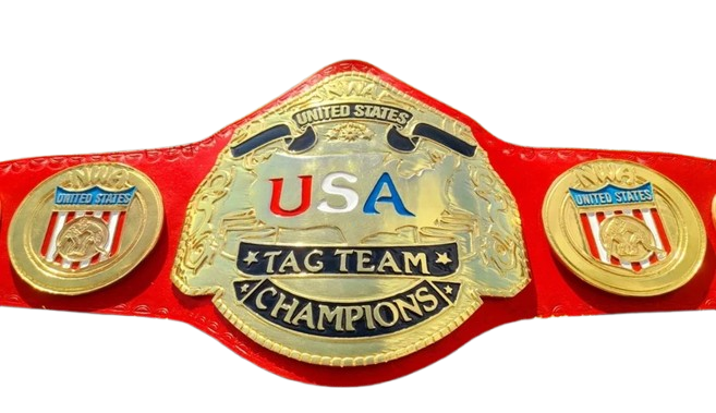 A red and gold USA Tag Team Champions belt with a large central gold plate and two matching side plates on a white background.