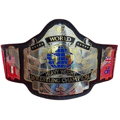 World Heavyweight Wrestling Championship belt with eagle design and flags on a white background