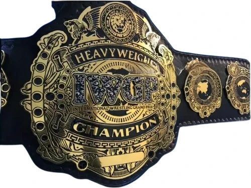 IWCF Heavyweight Championship belt with gold and black design on a white background