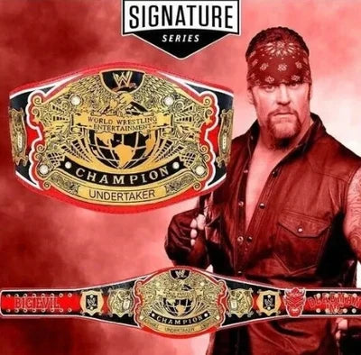 Wrestler holding a championship belt with 'Signature Series' branding on a red background