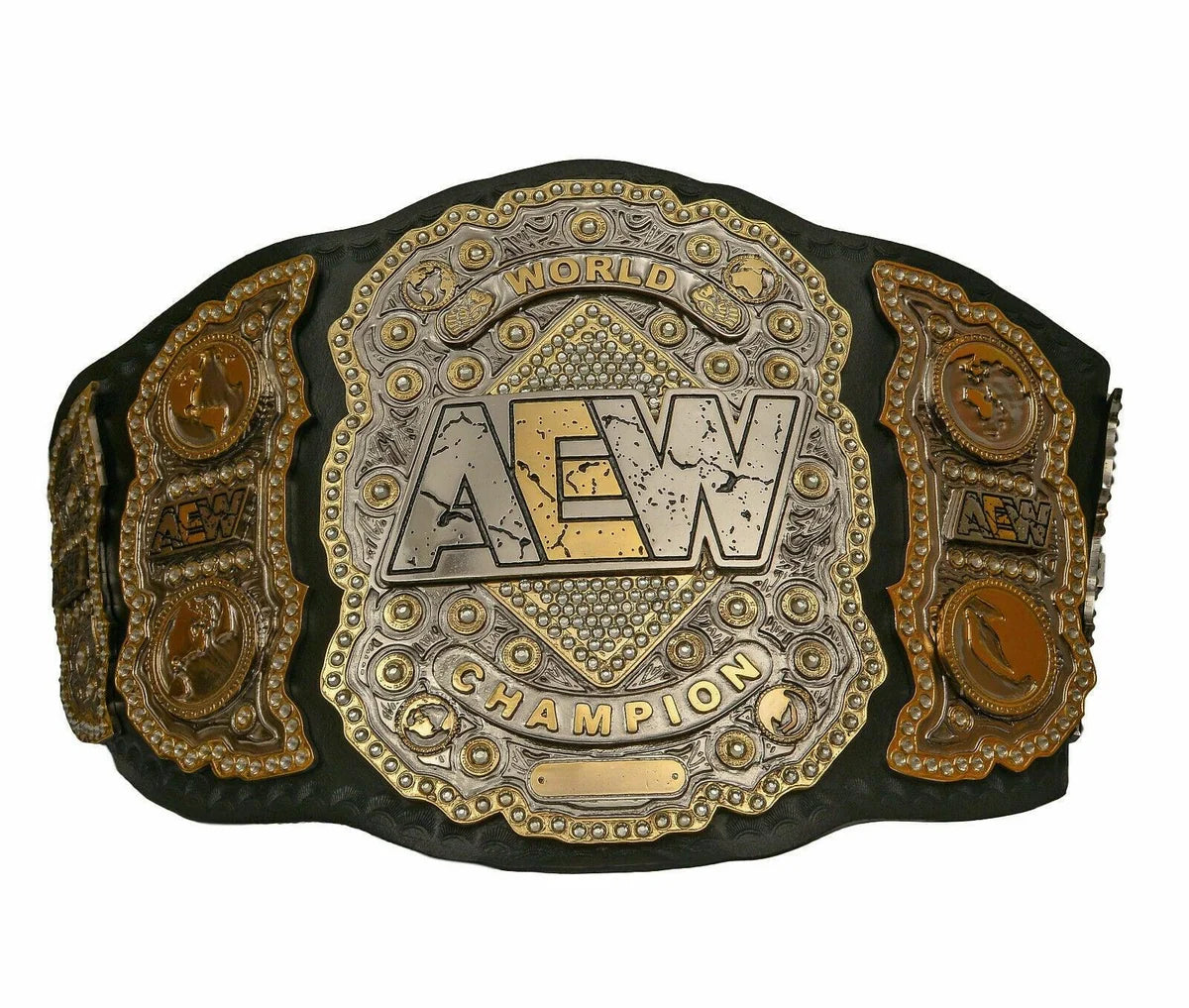 Wrestling championship belt with a prominent logo on a black background
