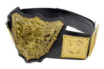 A black and gold WWE Championship belt shown on a plain white background, featuring a large gold central plaque and a smaller gold side plaque on a black strap.