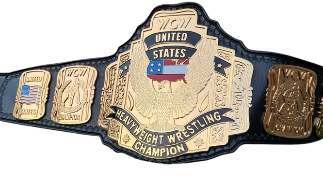 A custom WCW United States Heavyweight Wrestling Championship belt featuring a large central gold-toned eagle emblem with an American flag, flanked by smaller gold-toned championship plates on a black strap, shown against a plain white background.