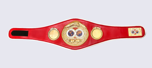 A red boxing championship belt with gold and silver plates, featuring a central skull emblem and side gold medallions, shown against a light gray background.