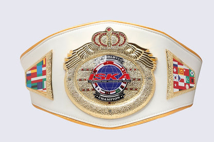 A white and gold ISKA World Champion belt with detailed gold winged emblems, a central globe medallion, and colorful international flag panels on the sides, shown against a light gray background.