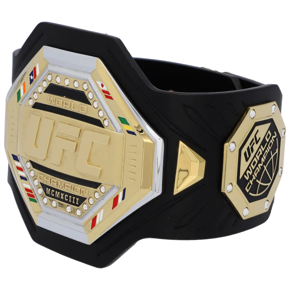 UFC championship belt with gold and black design on a white background