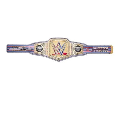 A WWE Summer Shooto wrestling championship belt replica, featuring a gold central plate with the WWE logo and red, white, and blue striped strap ends, shown against a plain white background.