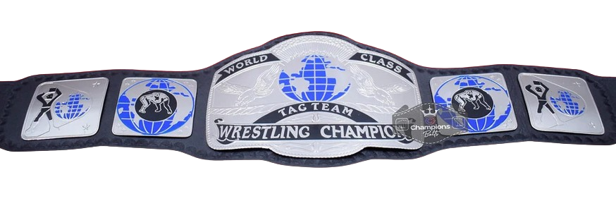 A black and silver wrestling championship belt with blue accents, featuring the text 'World Class Tag Team Wrestling Champion' and a globe graphic on the center plate.