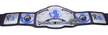 A black and silver wrestling championship belt with blue accents, featuring the text 'World Class Tag Team Wrestling Champion' and a globe graphic on the center plate.