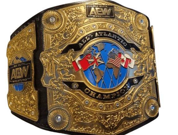 A highly detailed AEW Wrestling championship belt featuring ornate gold-toned metal plates, black leather-like base, and a central blue circular emblem with Canadian and American flags.