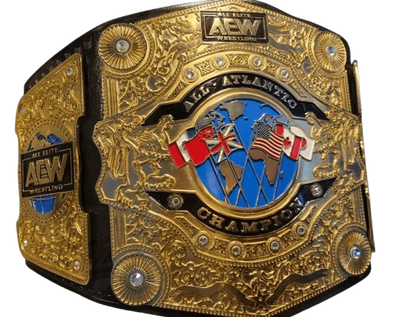 A highly detailed AEW Wrestling championship belt featuring ornate gold-toned metal plates, black leather-like base, and a central blue circular emblem with Canadian and American flags.