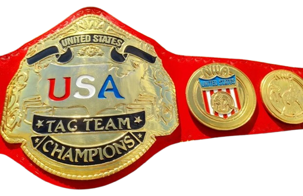 A red and gold USA Tag Team Champions belt with three oval plates, featuring 'USA' in red and blue letters and 'United States' text on a white background.