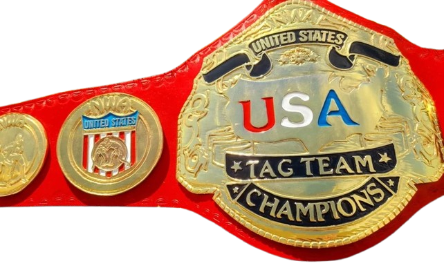 A close-up of a red and gold championship belt with a large central plate reading 'USA TAG TEAM CHAMPIONS' and two smaller gold medallion plates on either side, shown on a white background.