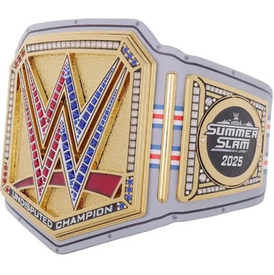 WWE Summer Slam 2025 Undisputed Champion belt featuring a gold-toned plate with red, white, and blue accents, and a round gold-toned Summer Slam 2025 medallion on a light gray strap.