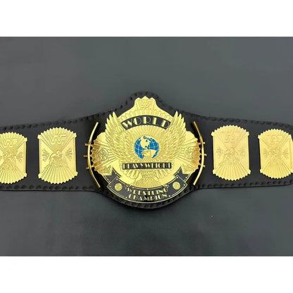 Black championship belt with gold emblem on a black background