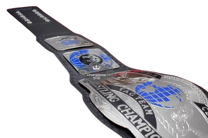 A black and silver championship wrestling belt with blue globe graphics, shown diagonally on a white background.