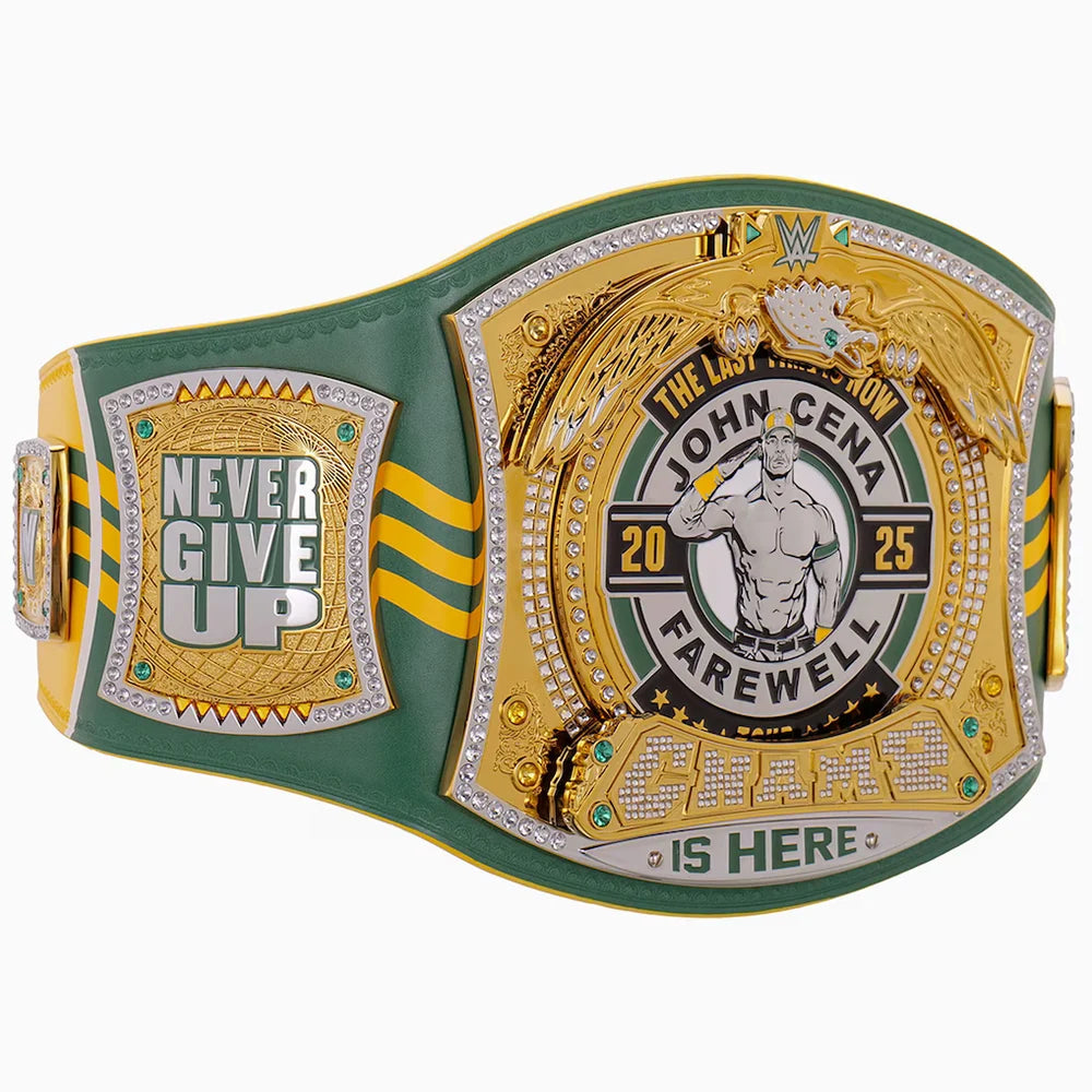 Wrestling championship belt with 'Never Give Up' and 'John Cena Farewell' text on a white background
