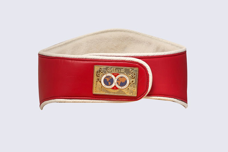A red leather boxing belt with a beige suede lining and a gold-tone metal buckle featuring the brand name 'Safra' and a double-circle emblem.