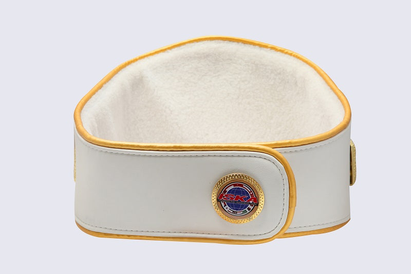 A white leather-like waist support belt with gold trim and a circular NASA emblem on the front, shown against a light gray background.