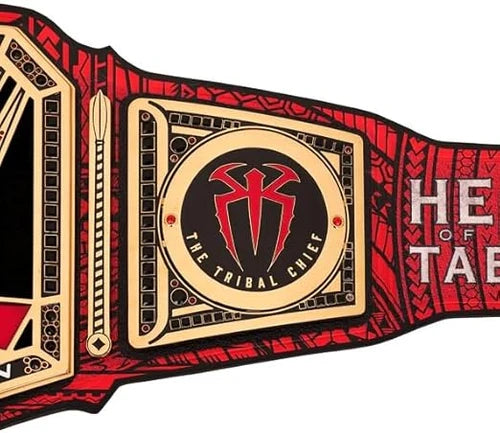 Wrestling championship belt with red, black, and gold design on a white background