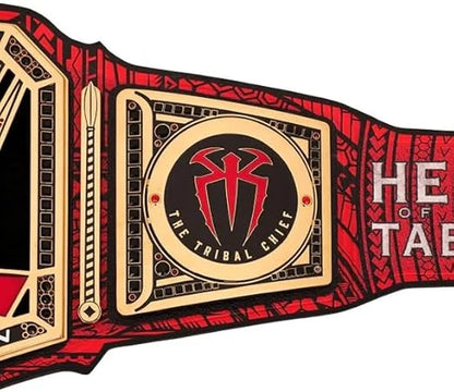 Wrestling championship belt with red, black, and gold design on a white background