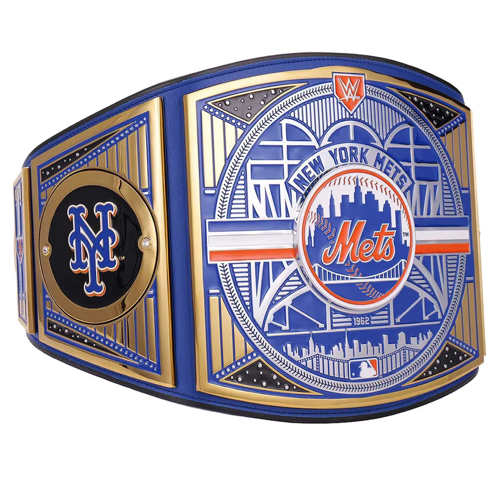 New York Mets championship belt with blue, gold, and orange colors on a white background