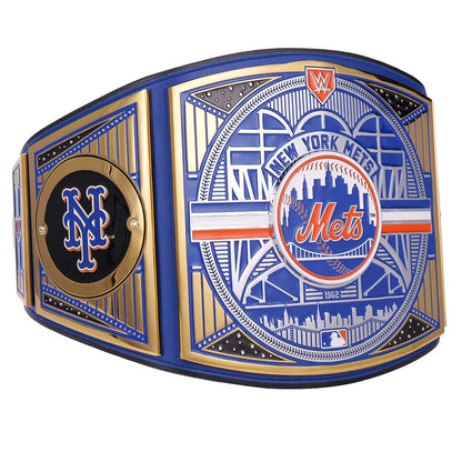 New York Mets championship belt with blue, gold, and orange colors on a white background