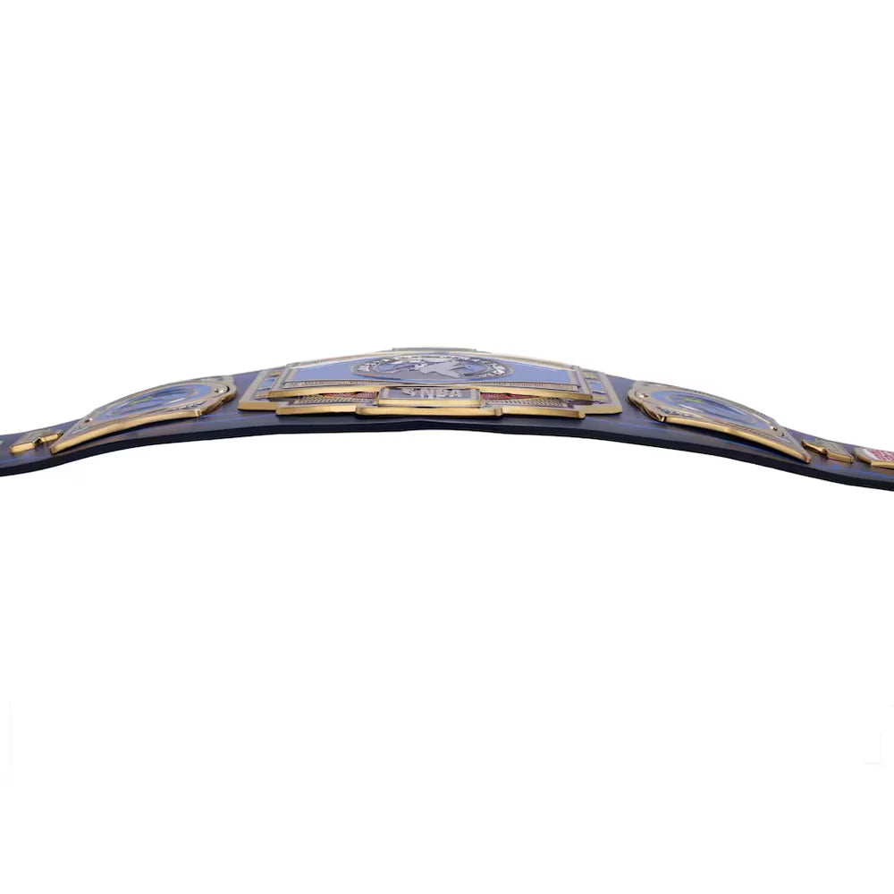 A close-up of a championship belt featuring a dark navy blue strap with gold-plated metal plates and blue inlay details, set against a plain white background.