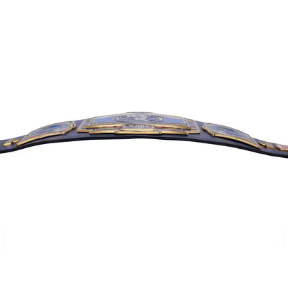 A close-up of a championship belt featuring a dark navy blue strap with gold-plated metal plates and blue inlay details, set against a plain white background.