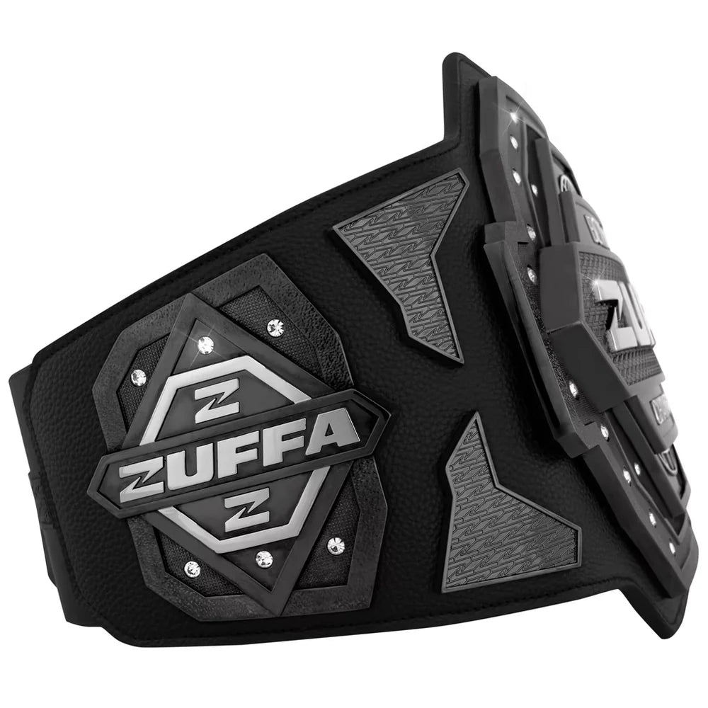 Black and gray Zuffa MMA belt with silver metallic accents and rhinestone details, shown on a white background.